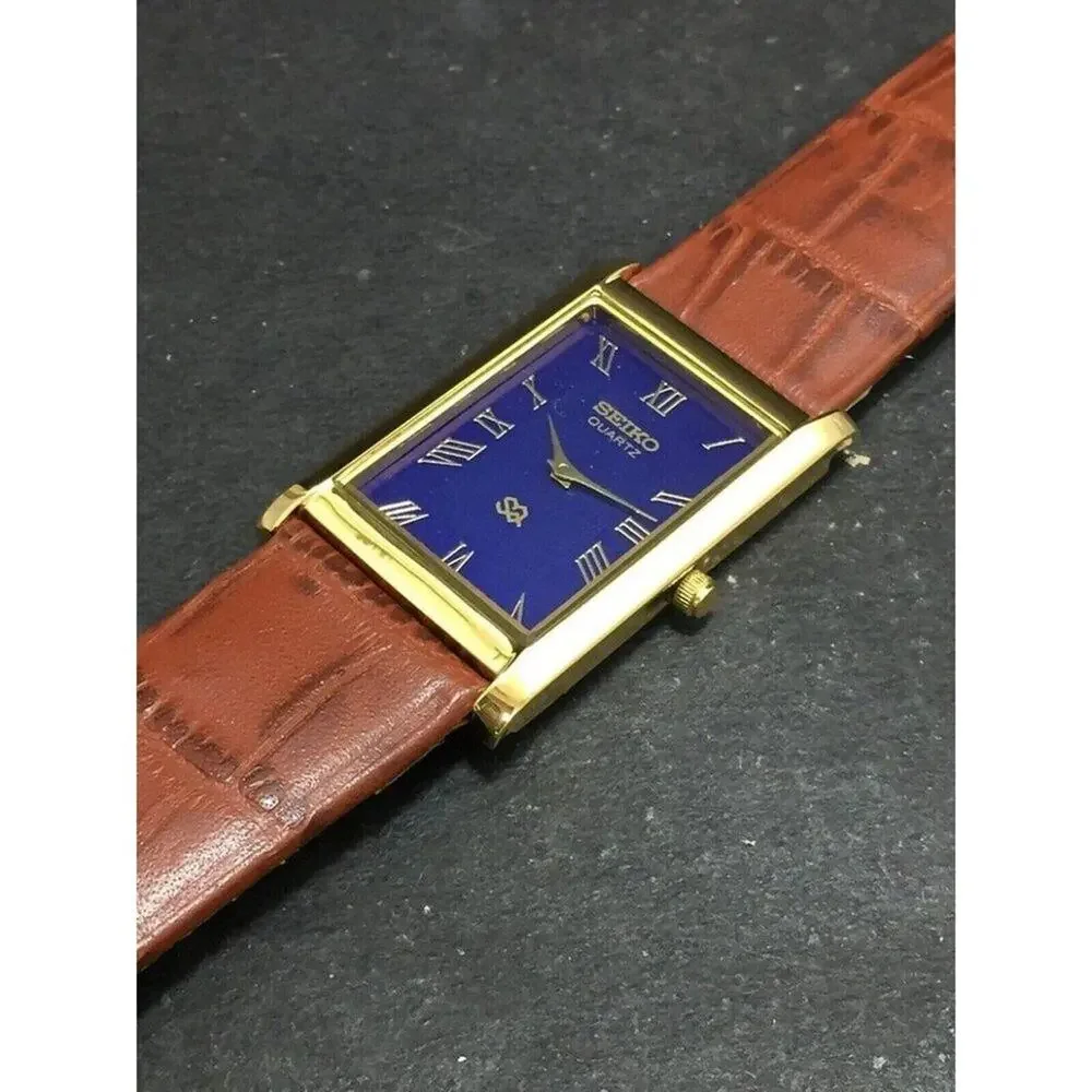 Vintage Style Seiko Quartz Mens Gold Watch & Blue accents W/ Leather Strap